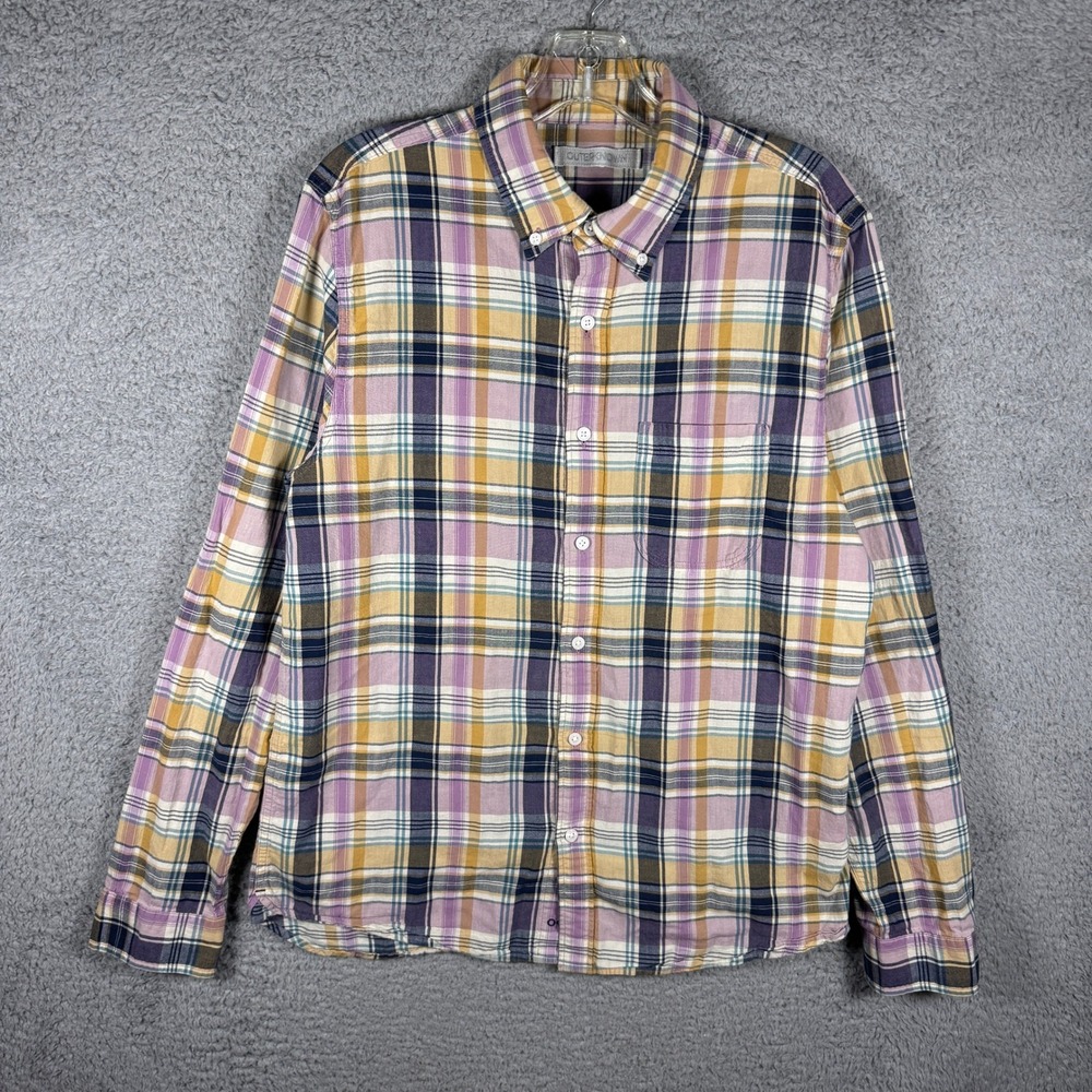 Outerknown Mens Blanket‎ Shirt Organic Cotton Plaid Flannel Purple Yellow Medium